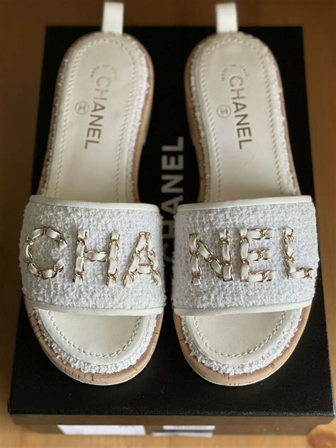 chanel white tweed sandals|Chanel flat heel shoes.